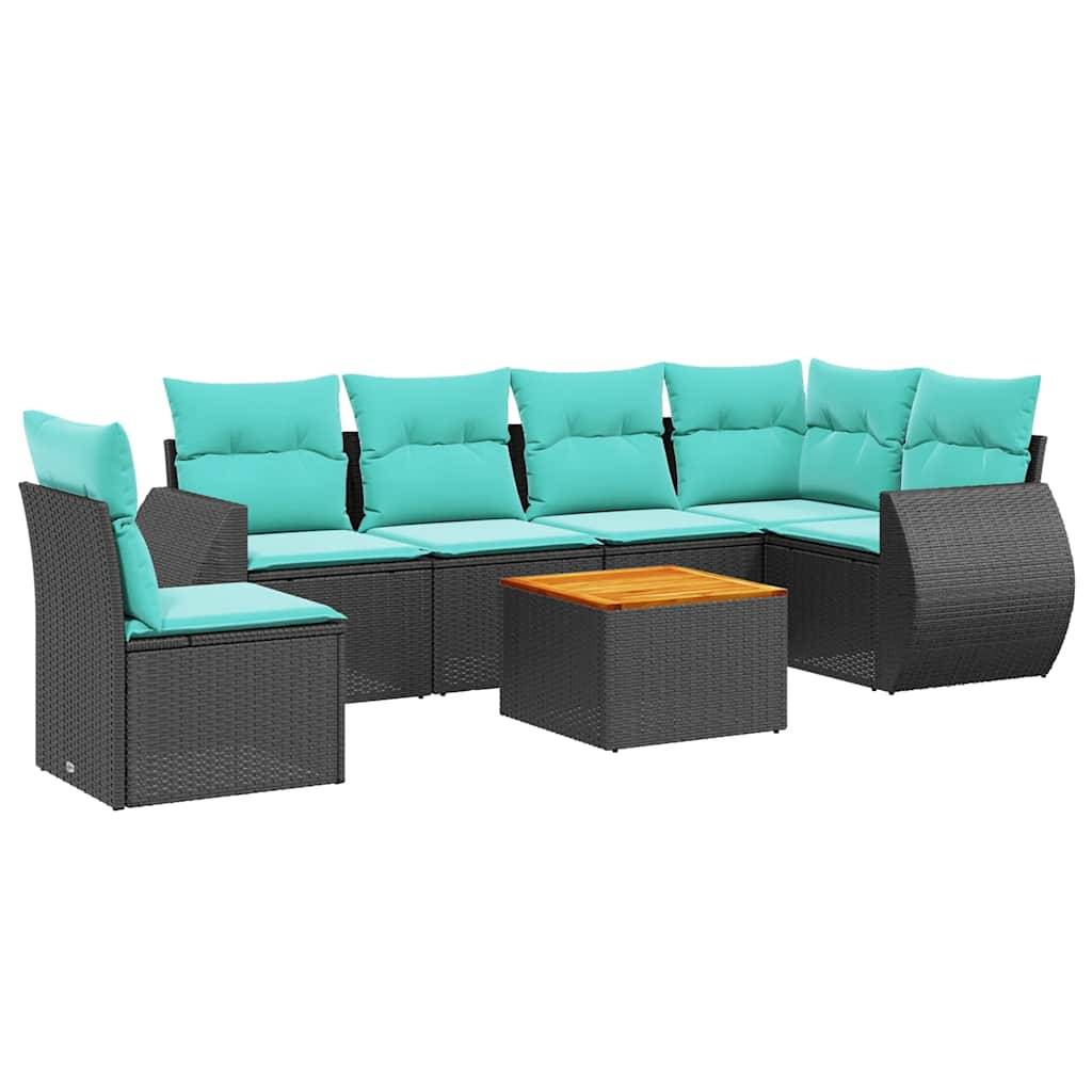 vidaXL 7-teiliges Gartensofa-Set mit Kissen, schwarzes Polyrattan