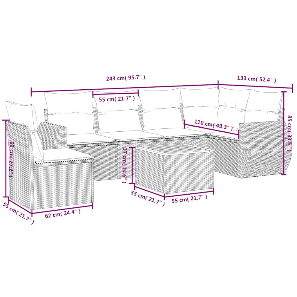 vidaXL 7-teiliges Gartensofa-Set mit Kissen, schwarzes Polyrattan