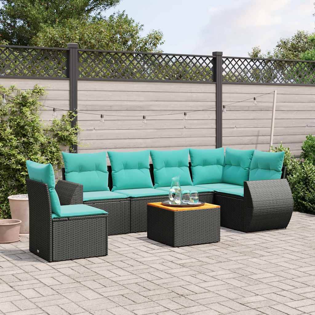 vidaXL 7-teiliges Gartensofa-Set mit Kissen, schwarzes Polyrattan
