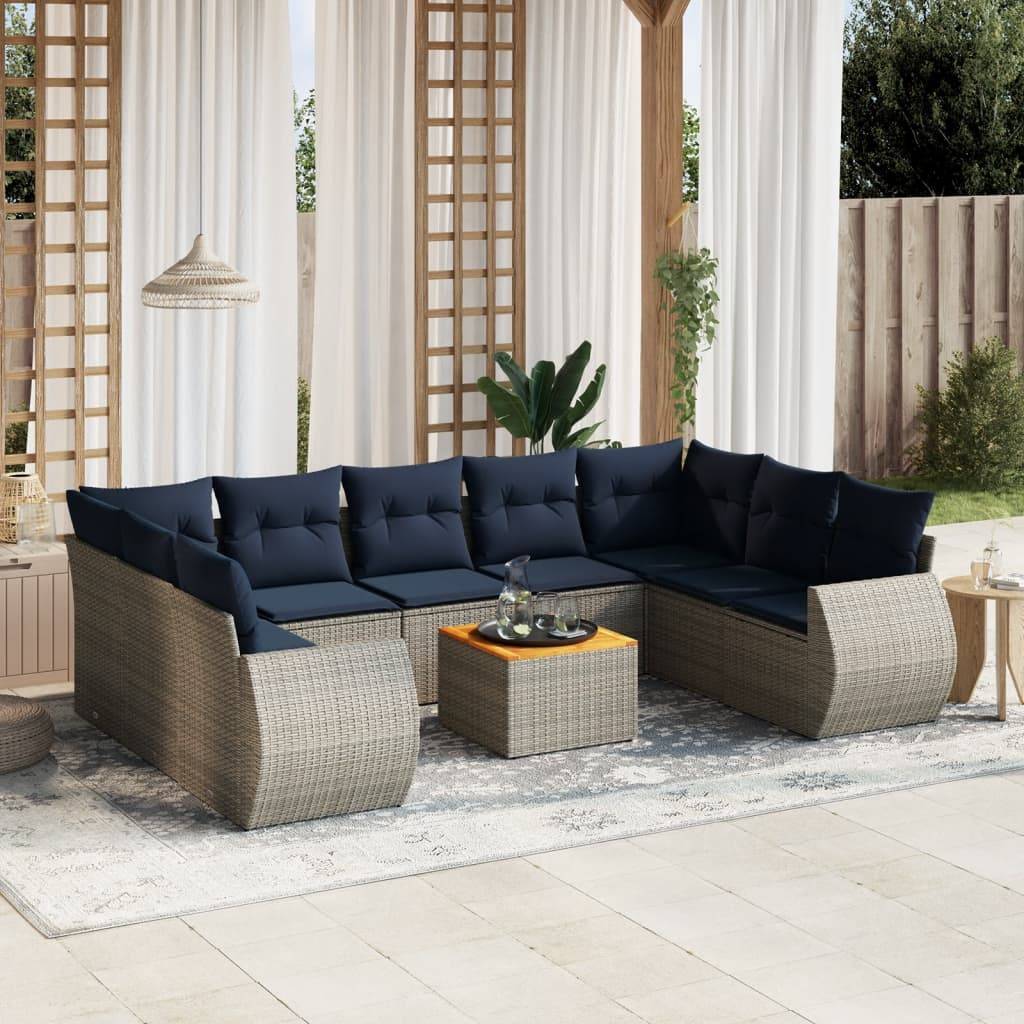vidaXL 10-teiliges Gartensofa-Set mit Kissen, grau, Polyrattan