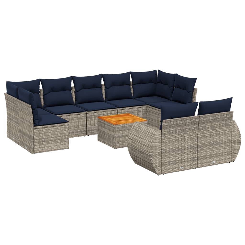 vidaXL 10-teiliges Gartensofa-Set mit Kissen, grau, Polyrattan