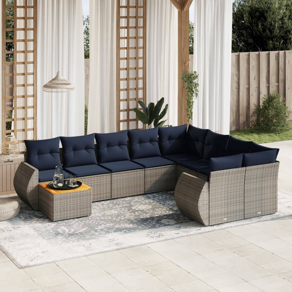 vidaXL 10-teiliges Gartensofa-Set mit Kissen, grau, Polyrattan