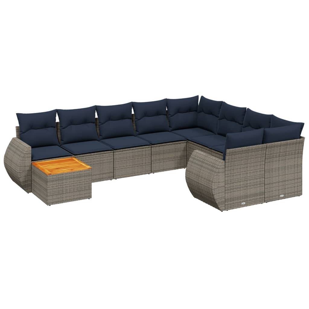 vidaXL 10-teiliges Gartensofa-Set mit Kissen, grau, Polyrattan