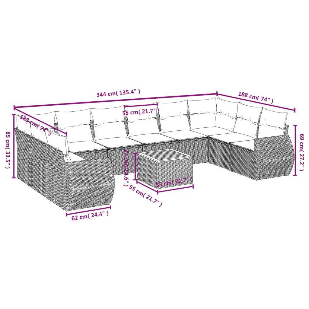 vidaXL 11-teiliges Gartensofa-Set mit Kissen, grau, Polyrattan
