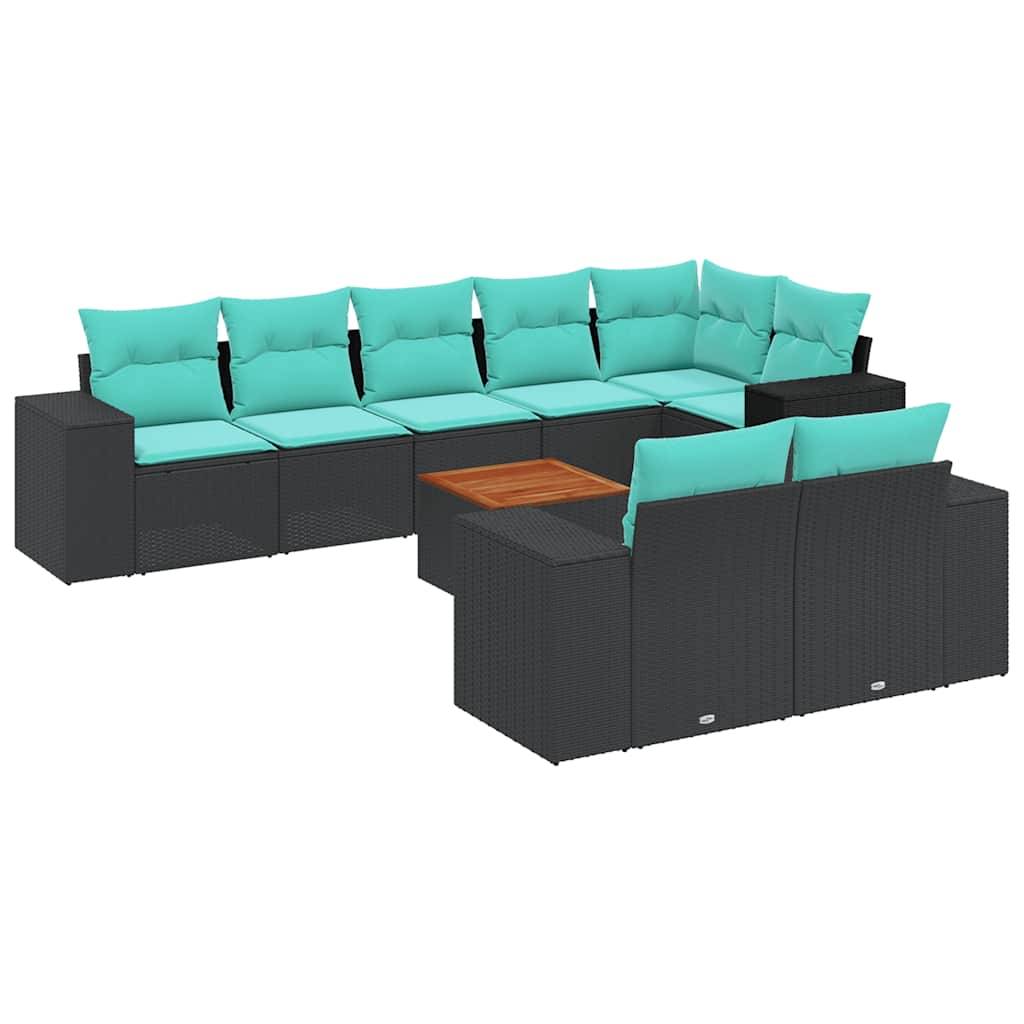 vidaXL 9-teiliges Gartensofa-Set mit Kissen, schwarzes Polyrattan