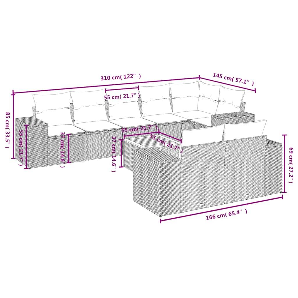 vidaXL 9-teiliges Gartensofa-Set mit Kissen, schwarzes Polyrattan