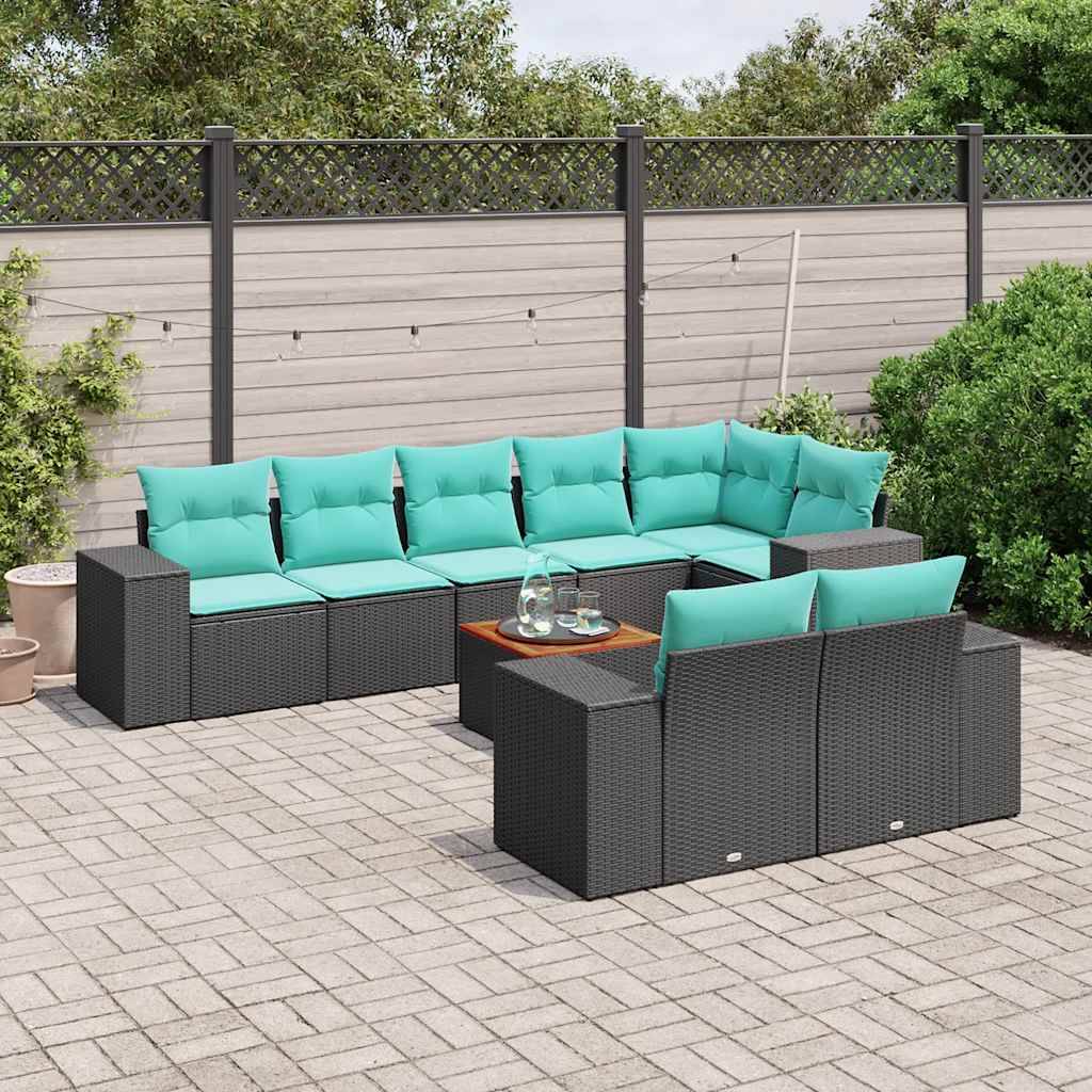 vidaXL 9-teiliges Gartensofa-Set mit Kissen, schwarzes Polyrattan