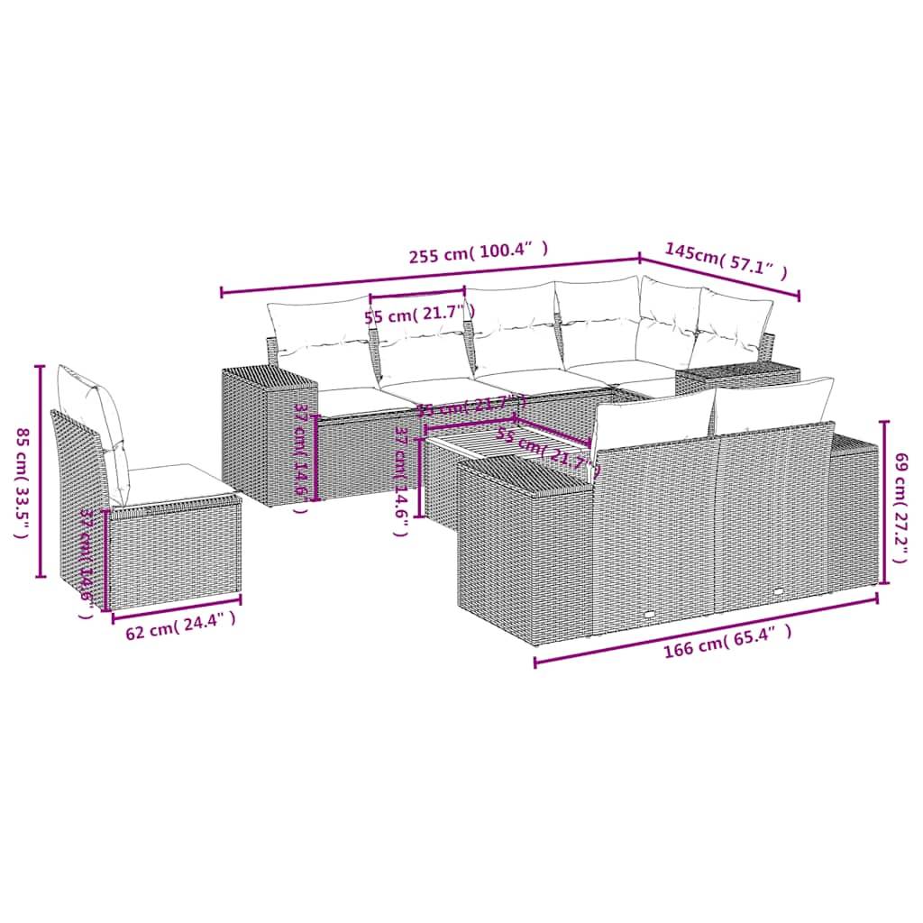 vidaXL 9-teiliges Gartensofa-Set mit Kissen, schwarzes Polyrattan