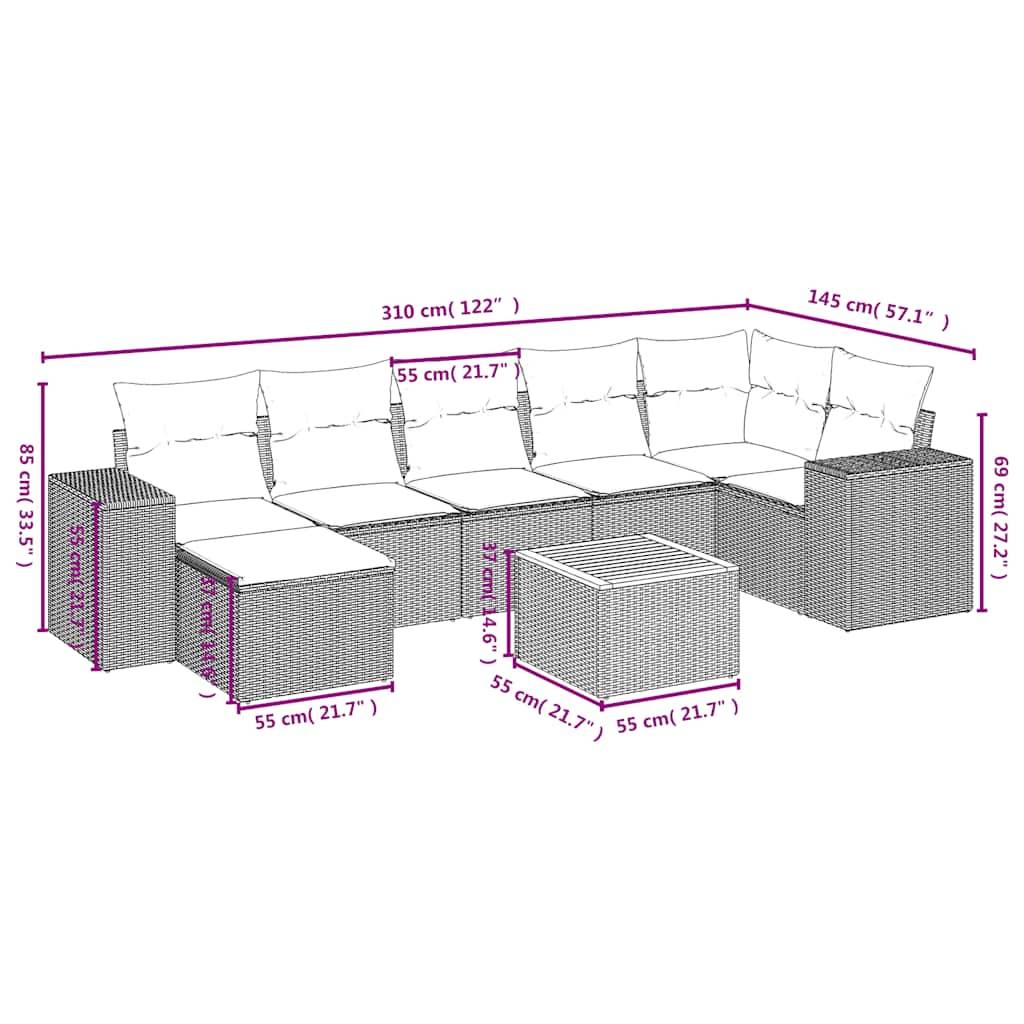 vidaXL 8-teiliges Gartensofa-Set mit Kissen, schwarzes Polyrattan