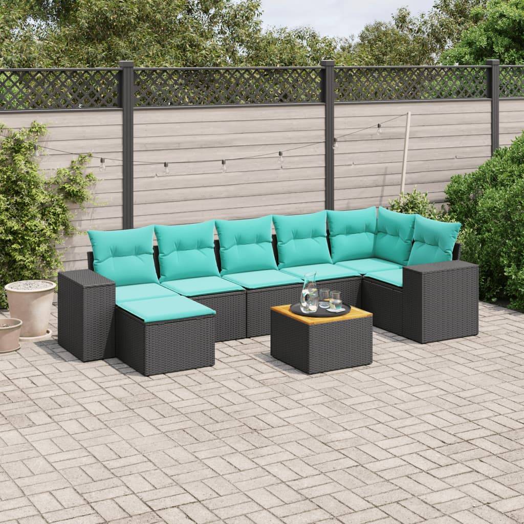 vidaXL 8-teiliges Gartensofa-Set mit Kissen, schwarzes Polyrattan