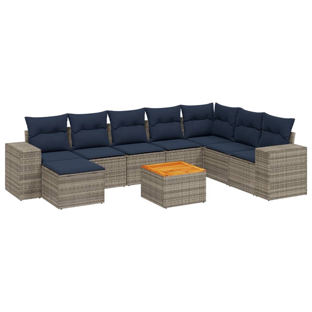 vidaXL 9-teiliges Gartensofa-Set mit Kissen, grau, Polyrattan