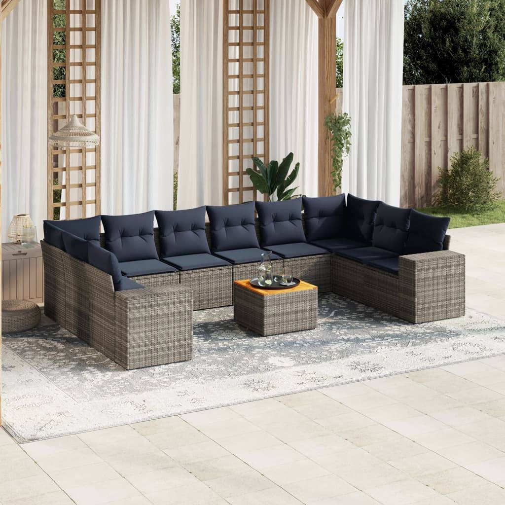 vidaXL 11-teiliges Gartensofa-Set mit Kissen, grau, Polyrattan