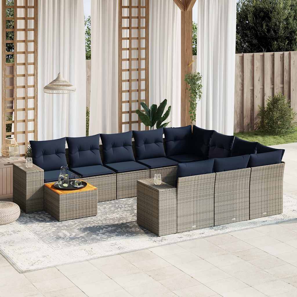 vidaXL 11-teiliges Gartensofa-Set mit Kissen, grau, Polyrattan