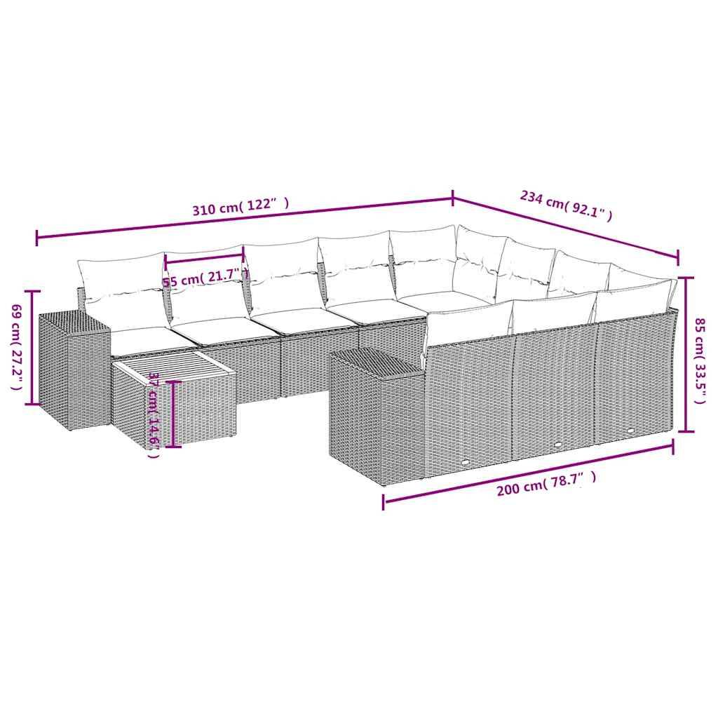 vidaXL 11-teiliges Gartensofa-Set mit Kissen, grau, Polyrattan