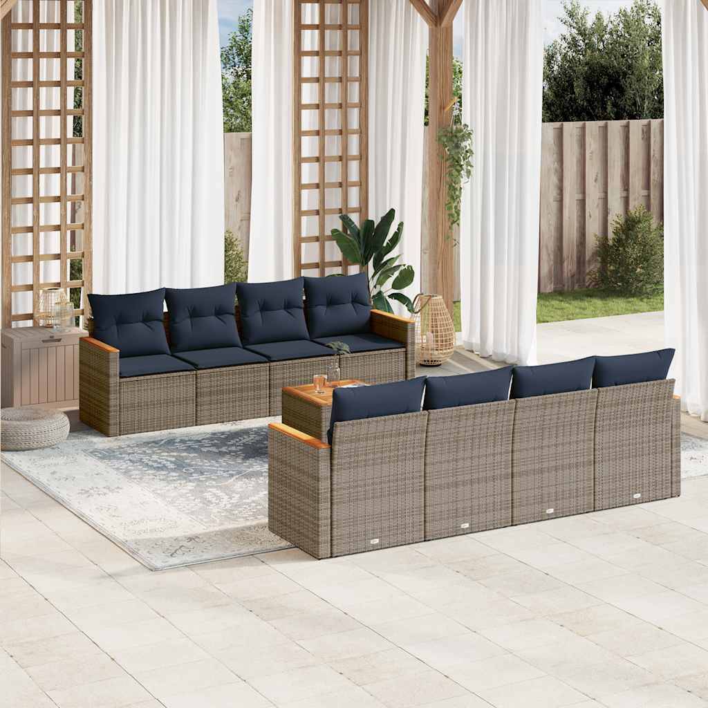 vidaXL 9-teiliges Gartensofa-Set mit Kissen, grau, Polyrattan