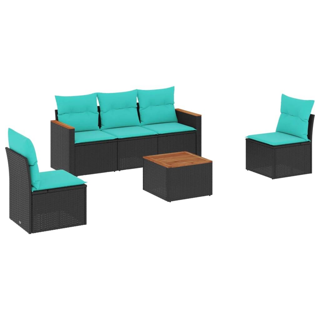 vidaXL 6-teiliges Gartensofa-Set mit Kissen, schwarzes Polyrattan