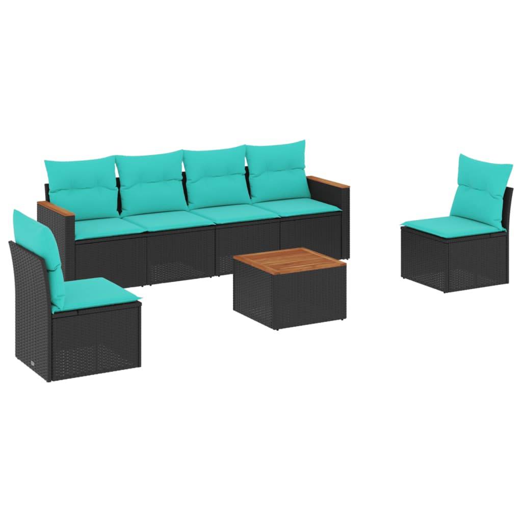vidaXL 7-teiliges Gartensofa-Set mit Kissen, schwarzes Polyrattan