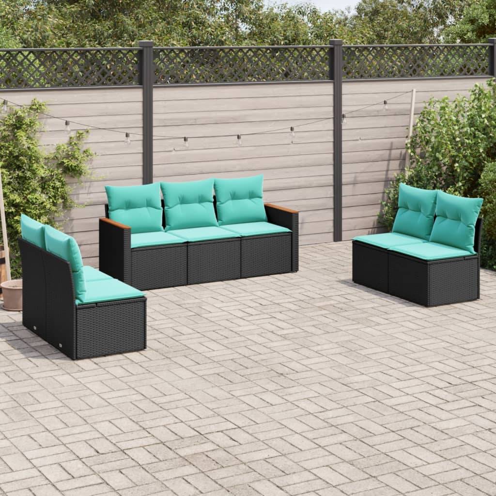 vidaXL 7-teiliges Gartensofa-Set mit Kissen, schwarzes Polyrattan