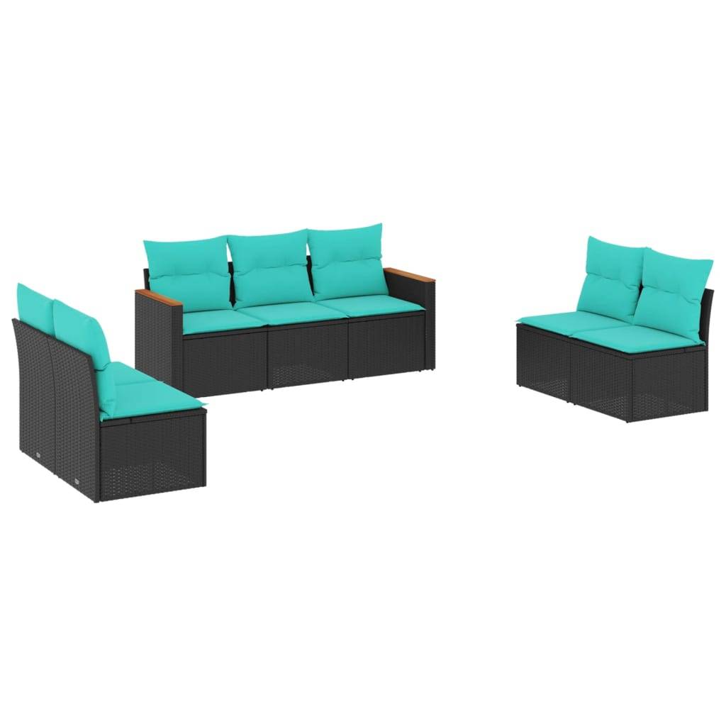 vidaXL 7-teiliges Gartensofa-Set mit Kissen, schwarzes Polyrattan
