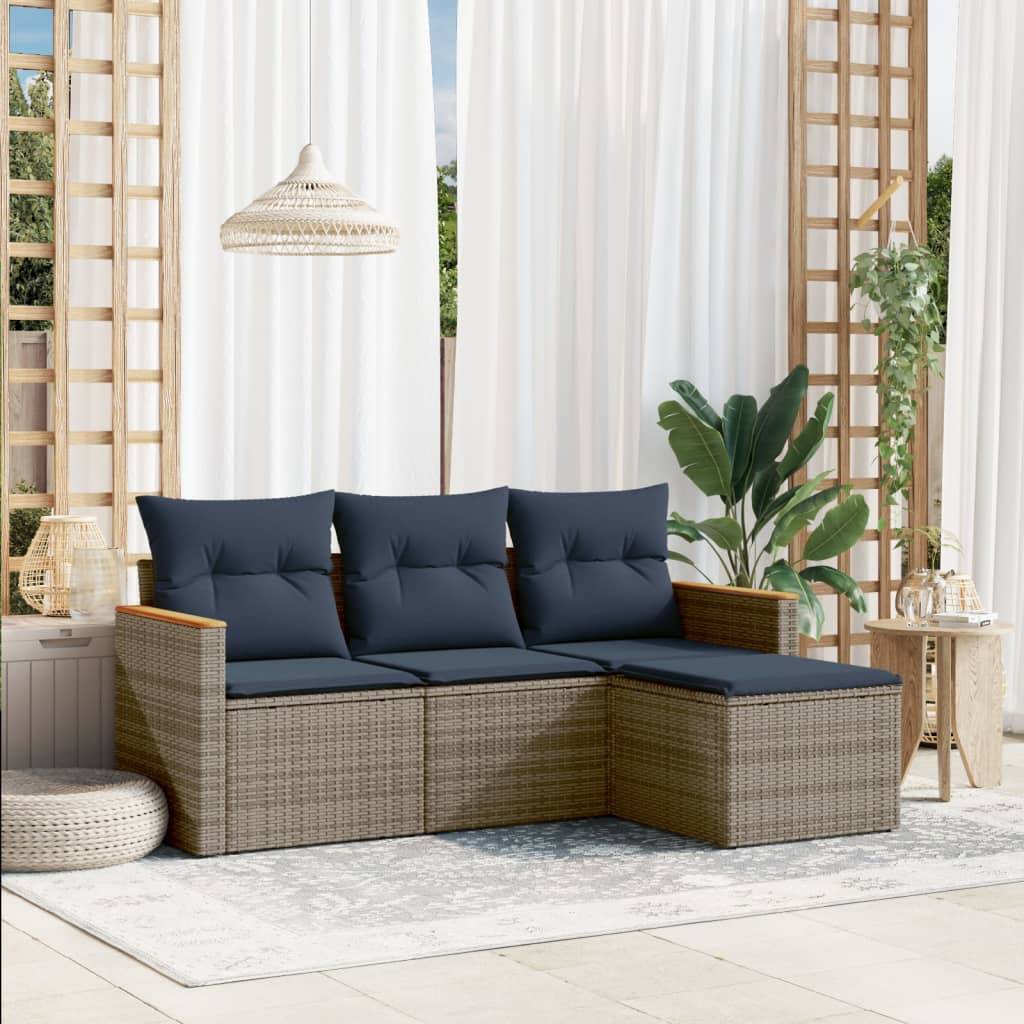 vidaXL 4-teiliges Gartensofa-Set mit Kissen, grau, Polyrattan