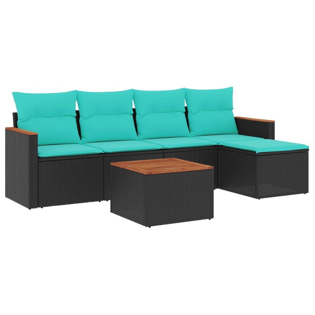 vidaXL 6-teiliges Gartensofa-Set mit Kissen, schwarzes Polyrattan