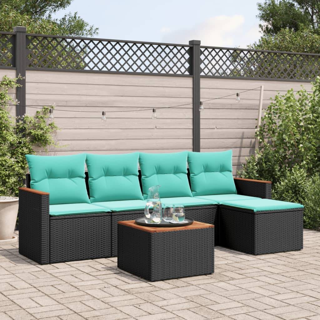 vidaXL 6-teiliges Gartensofa-Set mit Kissen, schwarzes Polyrattan