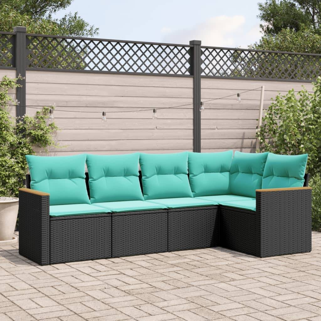 vidaXL 5-teiliges Gartensofa-Set mit Kissen, schwarzes Polyrattan