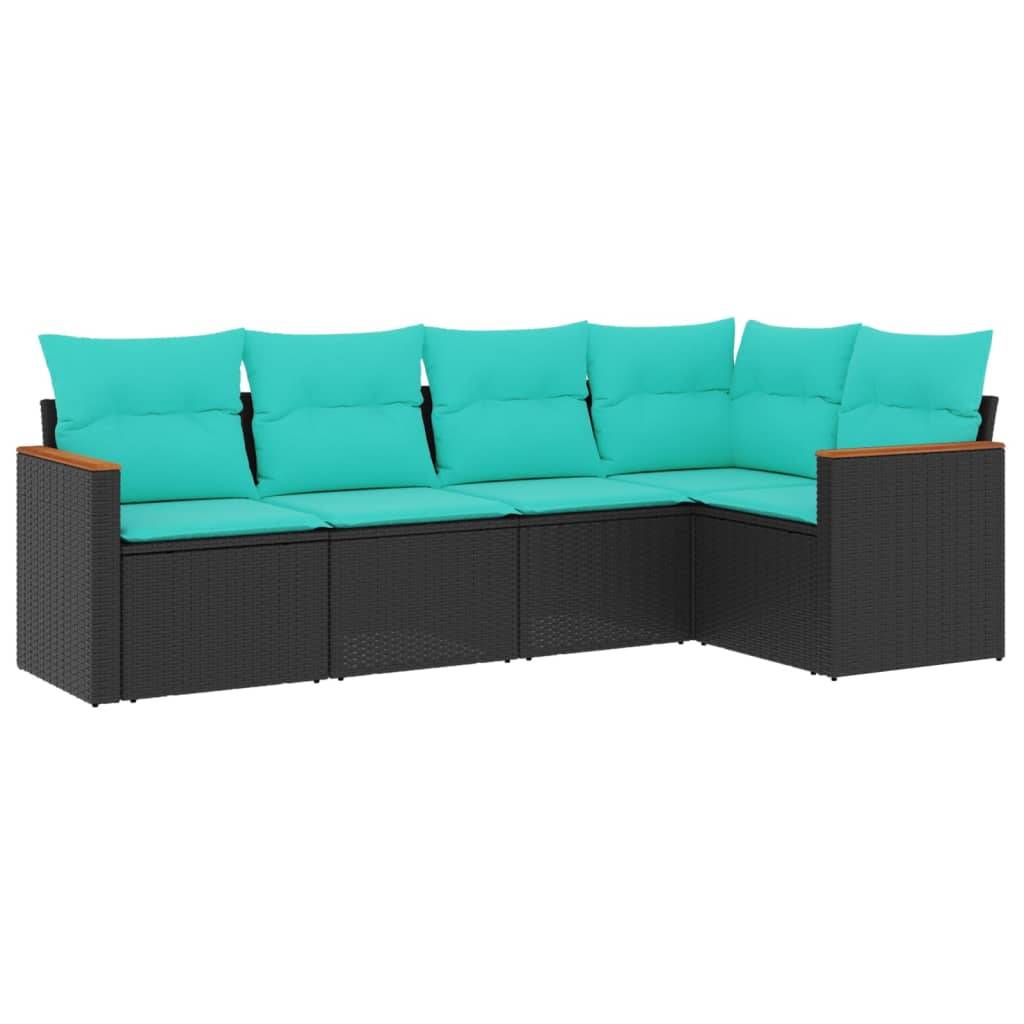 vidaXL 5-teiliges Gartensofa-Set mit Kissen, schwarzes Polyrattan