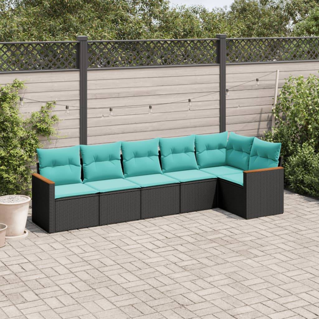 vidaXL 6-teiliges Gartensofa-Set mit Kissen, schwarzes Polyrattan