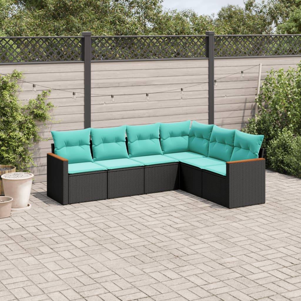 vidaXL 6-teiliges Gartensofa-Set mit Kissen, schwarzes Polyrattan