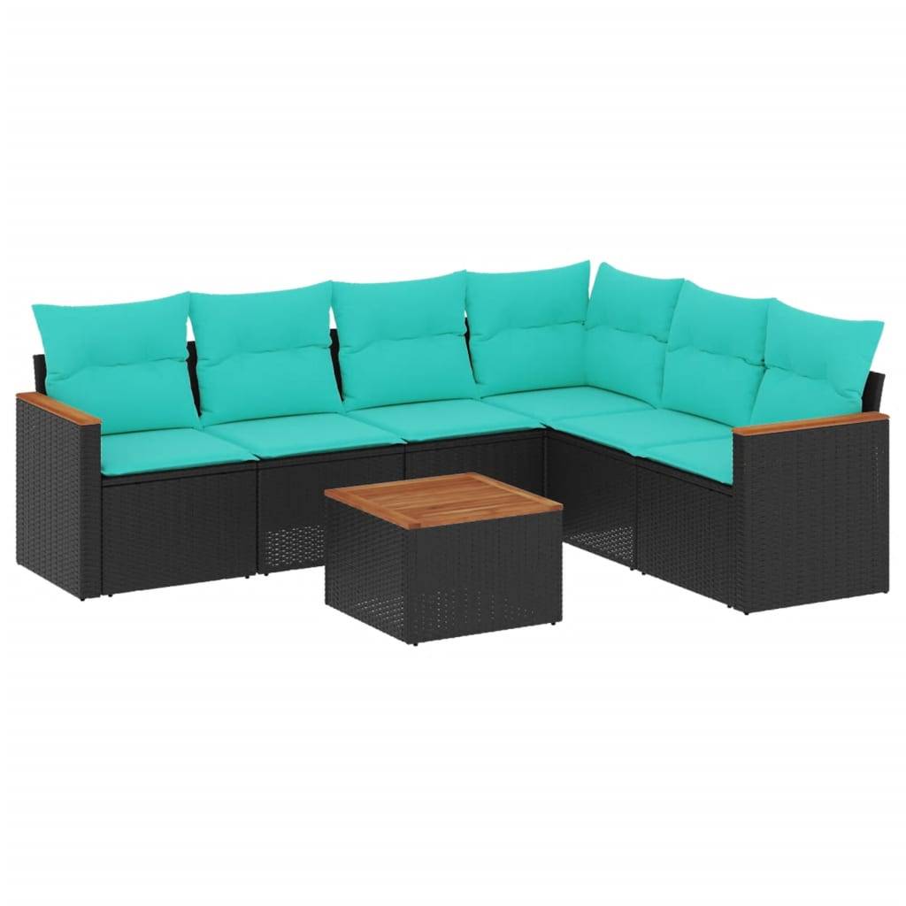 vidaXL 7-teiliges Gartensofa-Set mit Kissen, schwarzes Polyrattan