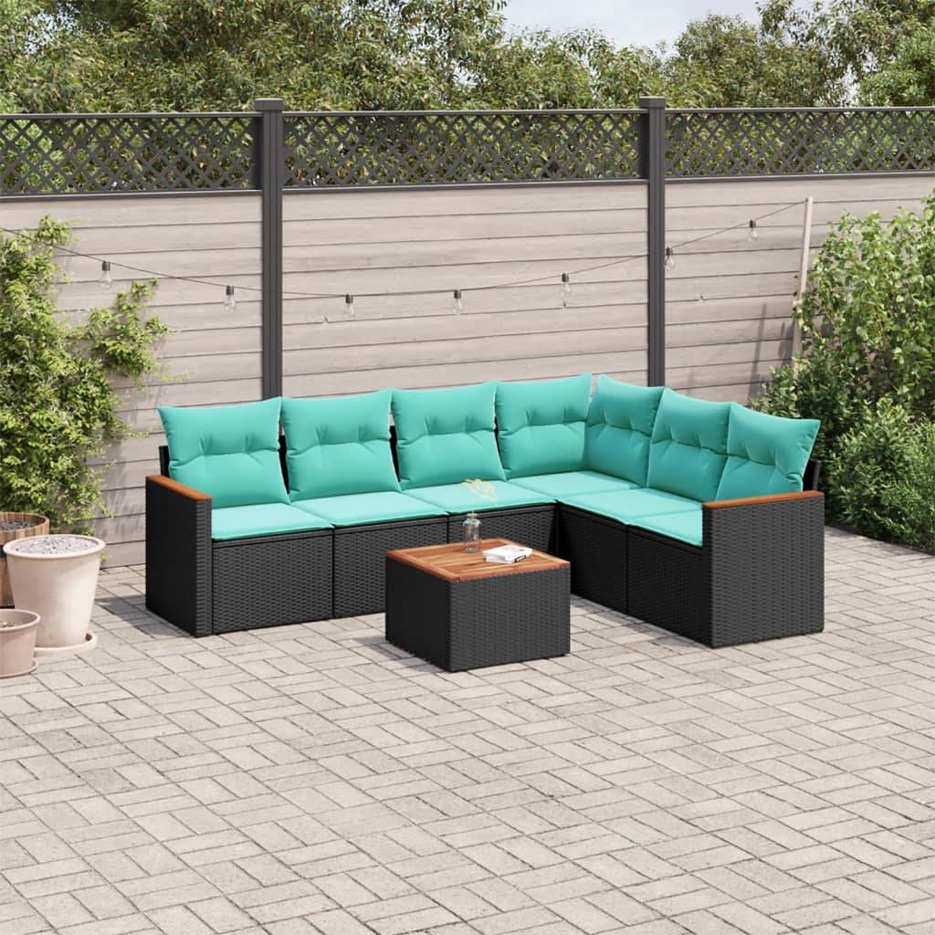 vidaXL 7-teiliges Gartensofa-Set mit Kissen, schwarzes Polyrattan