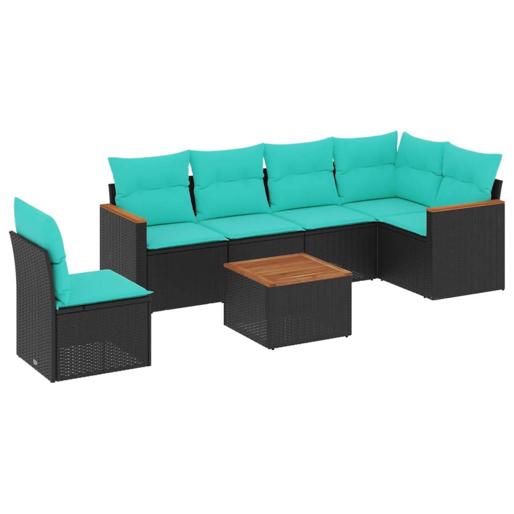 vidaXL 7-teiliges Gartensofa-Set mit Kissen, schwarzes Polyrattan