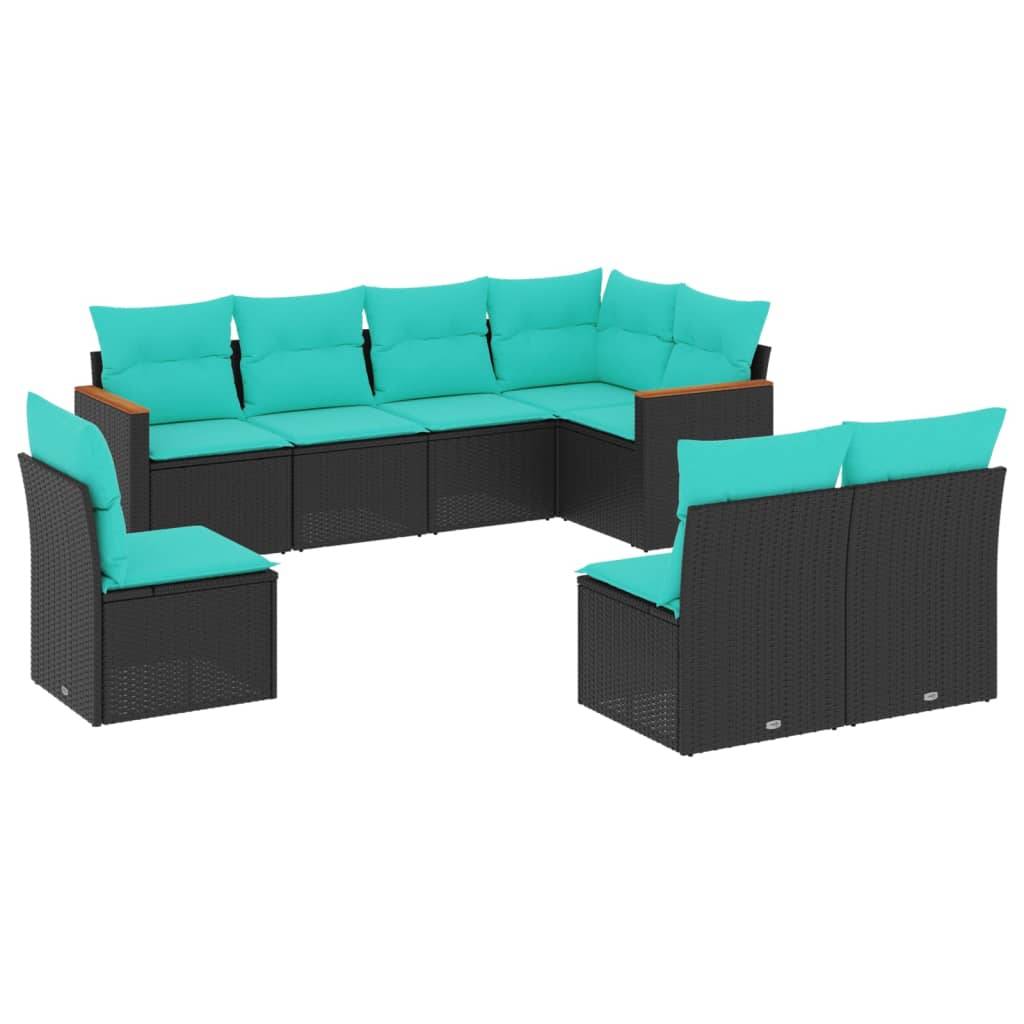 vidaXL 8-teiliges Gartensofa-Set mit Kissen, schwarzes Polyrattan