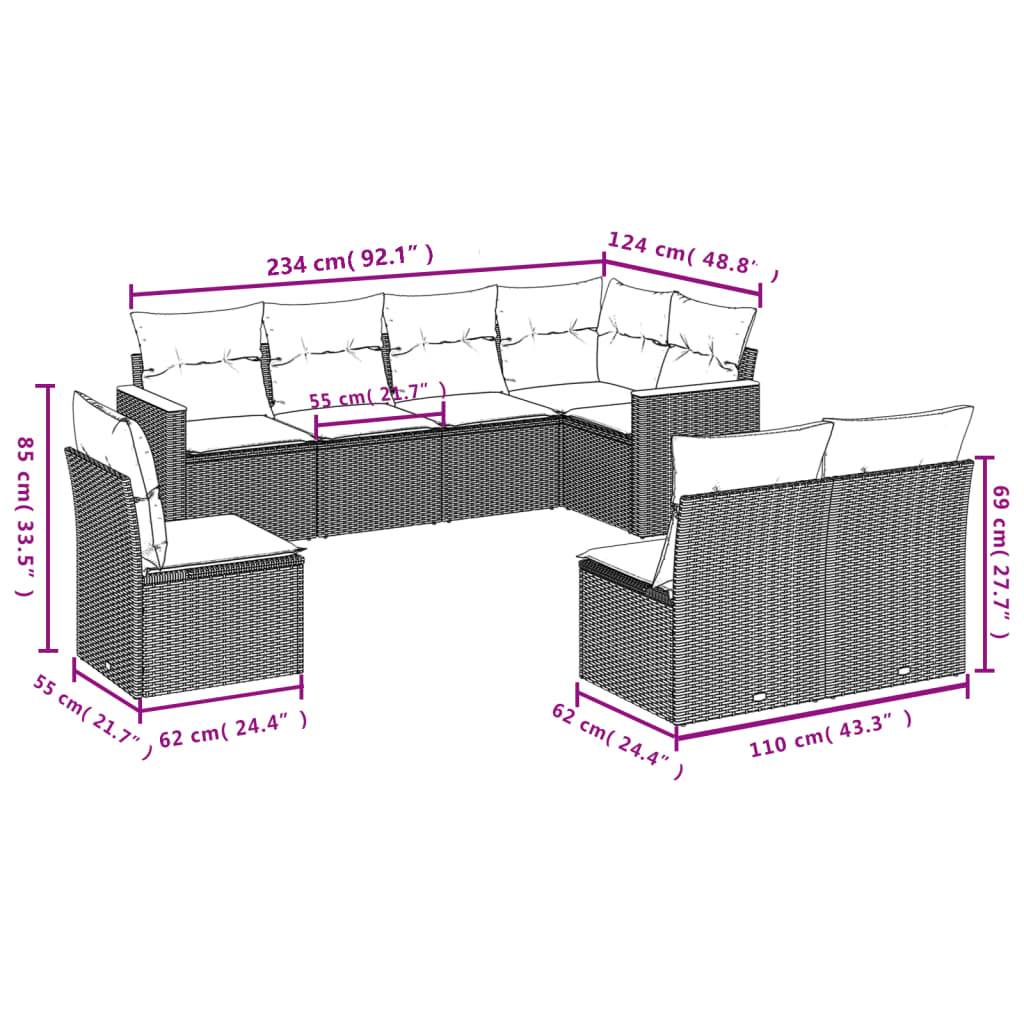 vidaXL 8-teiliges Gartensofa-Set mit Kissen, schwarzes Polyrattan