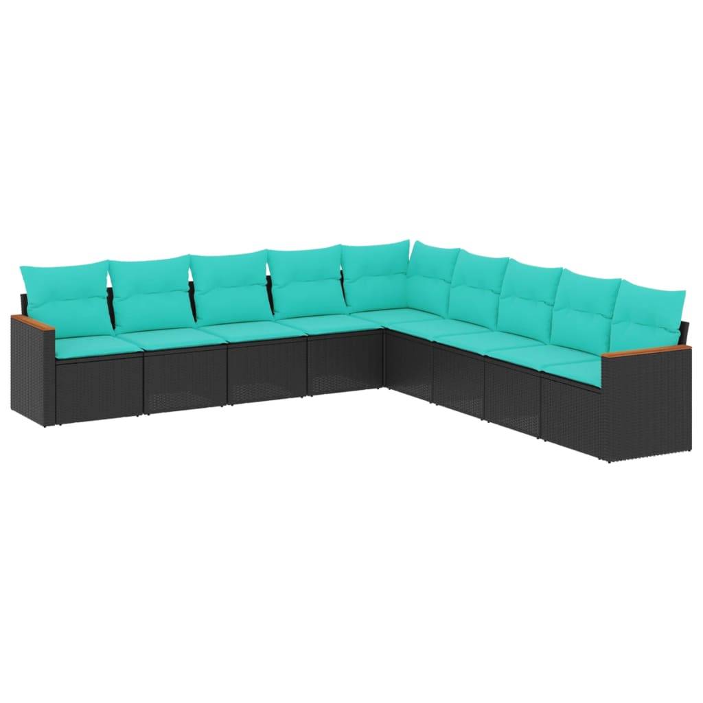 vidaXL 9-teiliges Gartensofa-Set mit Kissen, schwarzes Polyrattan