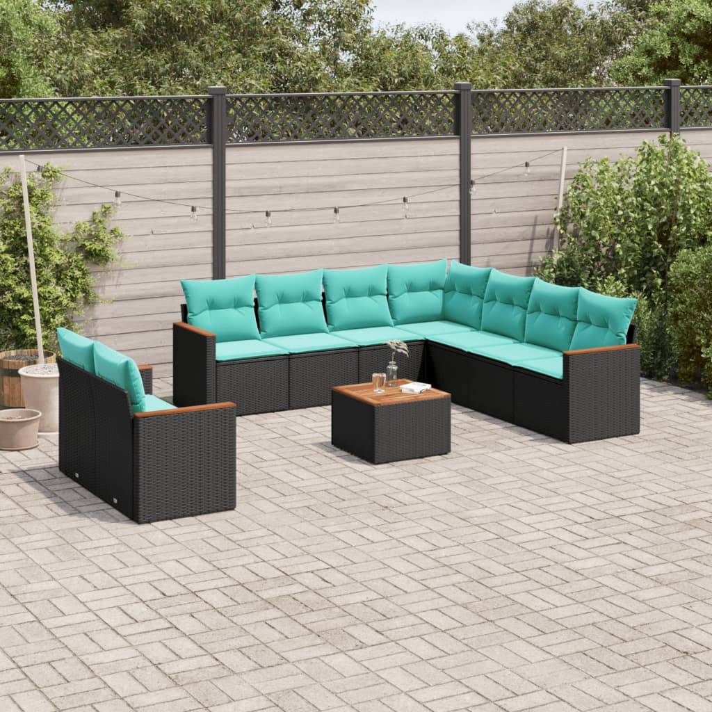 vidaXL 10-teiliges Gartensofa-Set mit Kissen, schwarzes Polyrattan