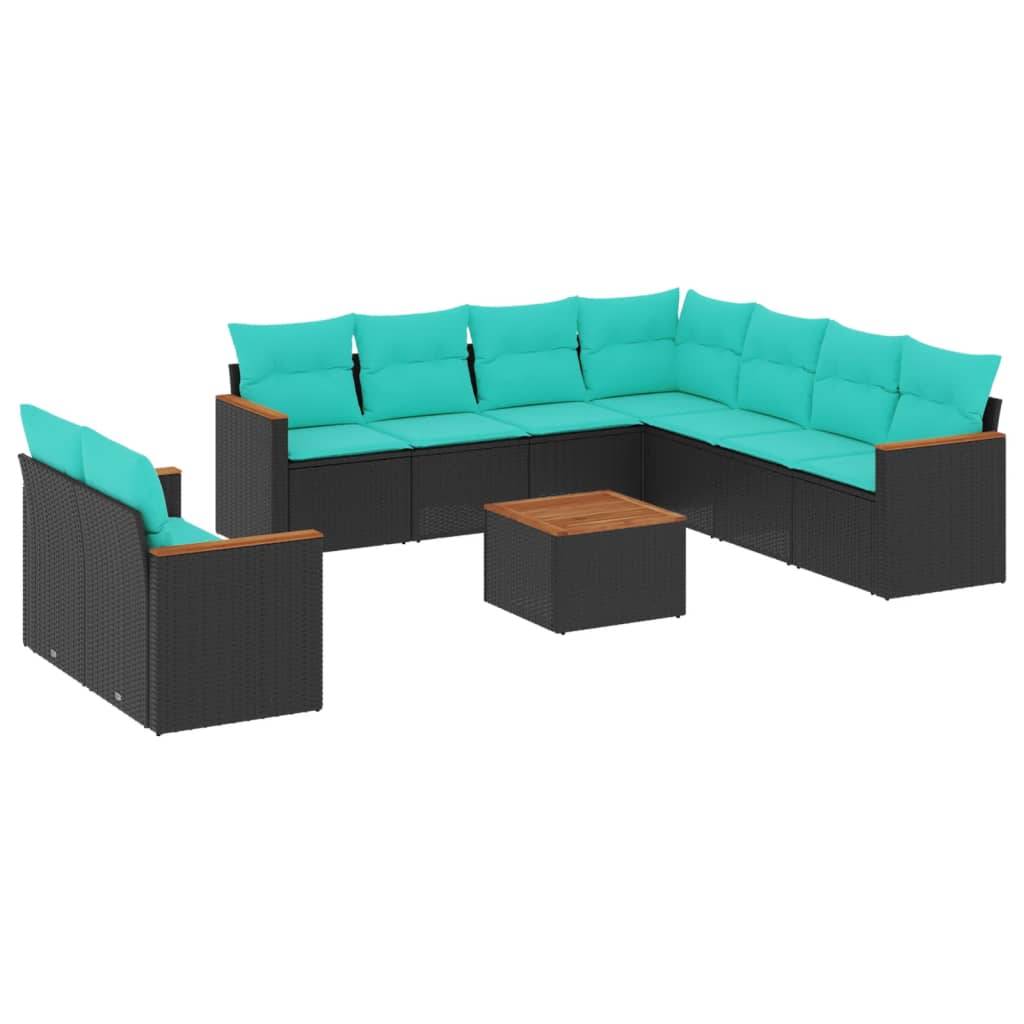 vidaXL 10-teiliges Gartensofa-Set mit Kissen, schwarzes Polyrattan