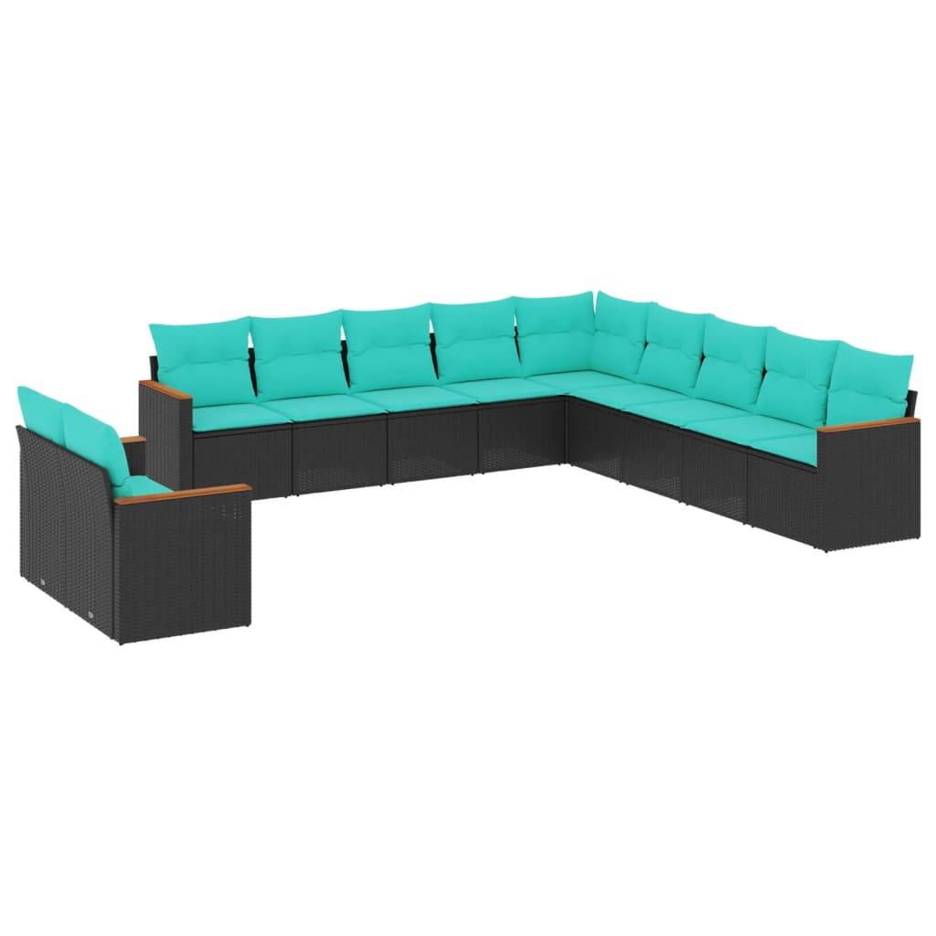vidaXL 11-teiliges Gartensofa-Set mit Kissen, schwarzes Polyrattan