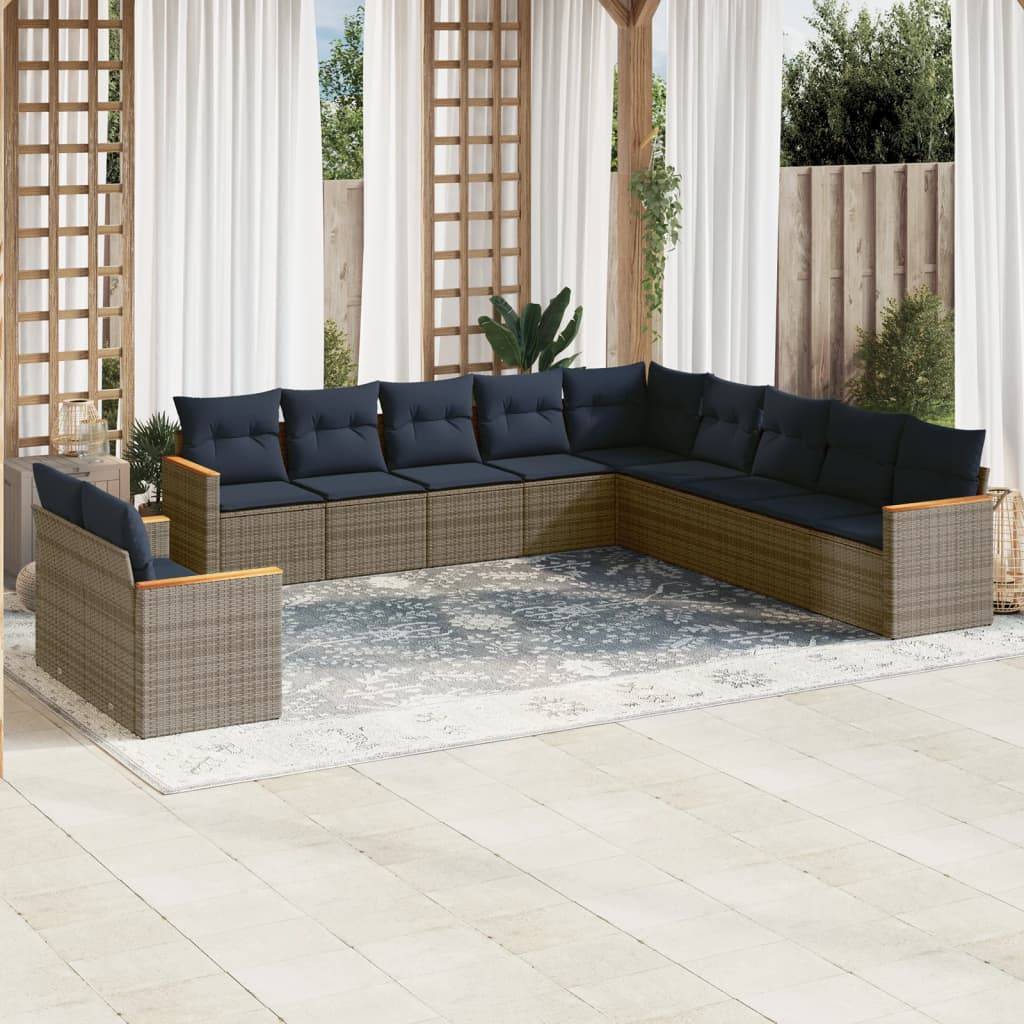 vidaXL 11-teiliges Gartensofa-Set mit Kissen, grau, Polyrattan