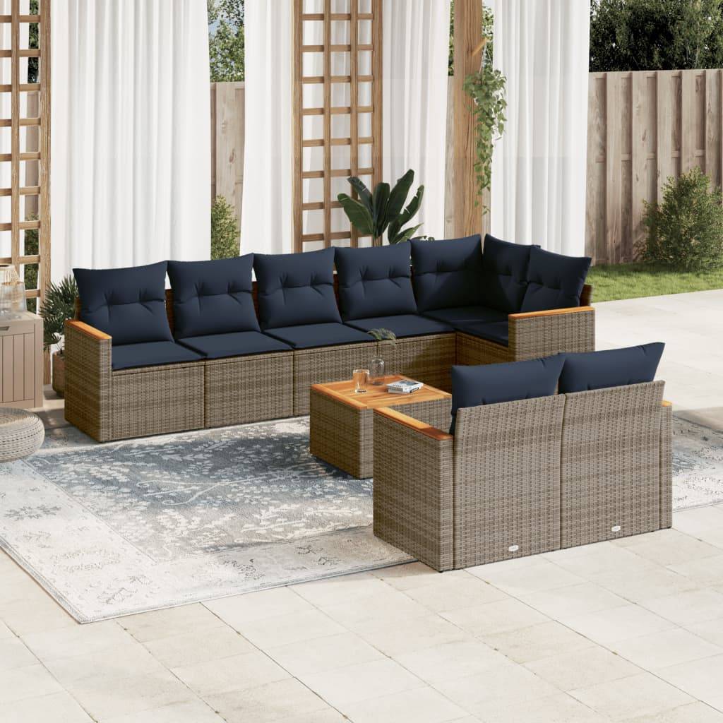 vidaXL 9-teiliges Gartensofa-Set mit Kissen, grau, Polyrattan