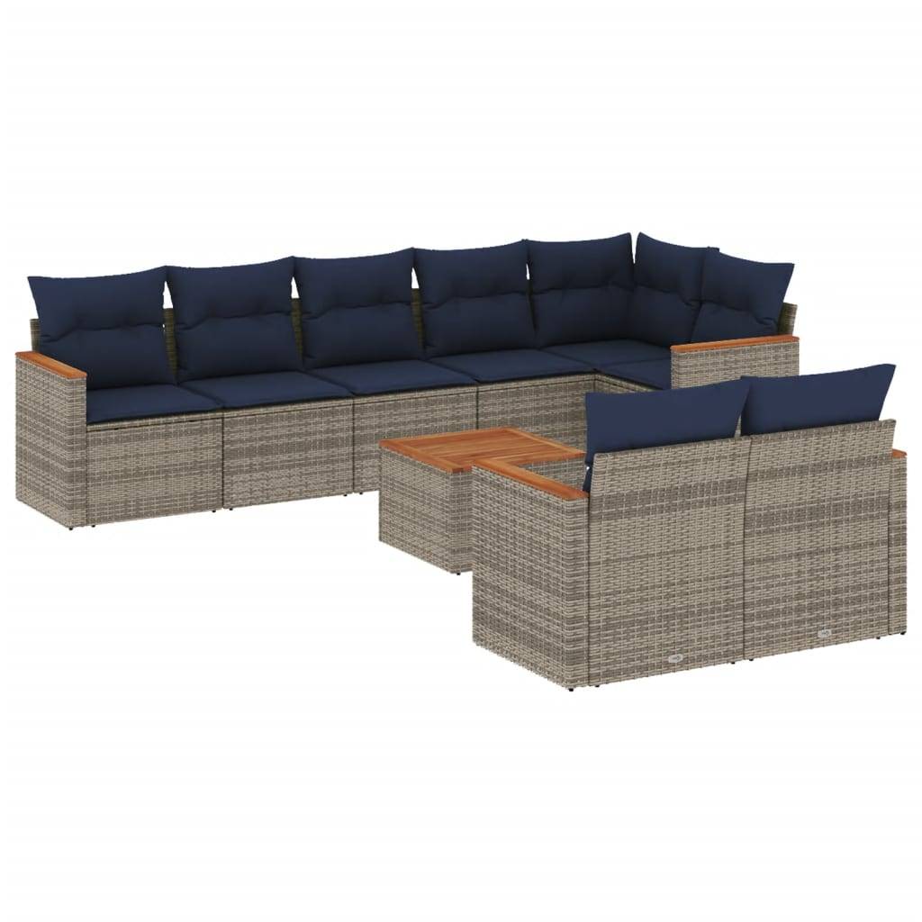 vidaXL 9-teiliges Gartensofa-Set mit Kissen, grau, Polyrattan