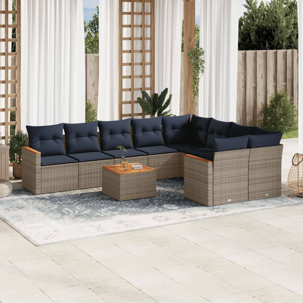 vidaXL 10-teiliges Gartensofa-Set mit Kissen, grau, Polyrattan
