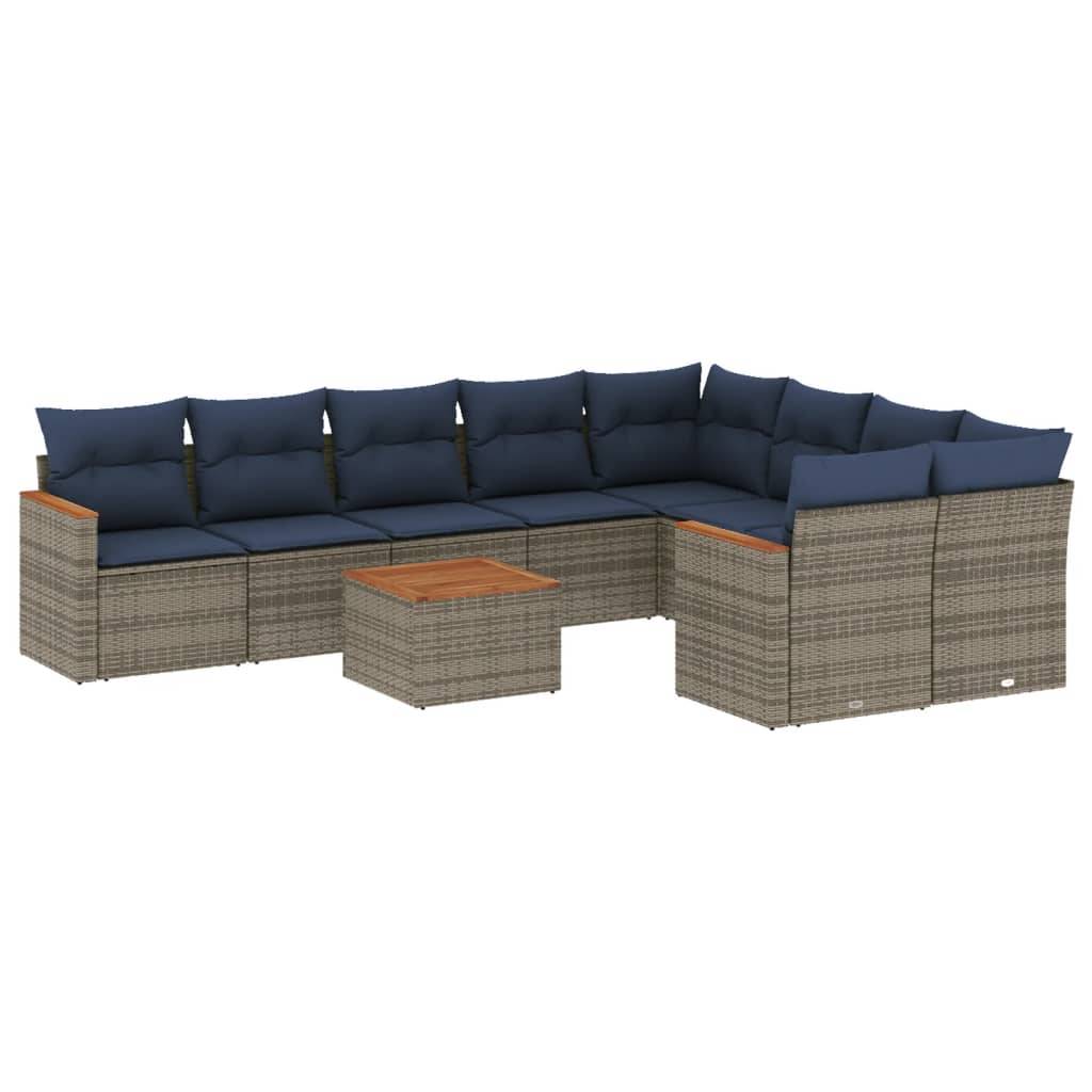 vidaXL 10-teiliges Gartensofa-Set mit Kissen, grau, Polyrattan