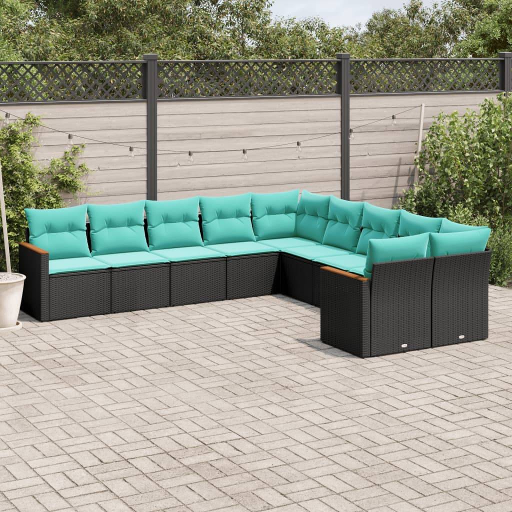 vidaXL 10-teiliges Gartensofa-Set mit Kissen, schwarzes Polyrattan