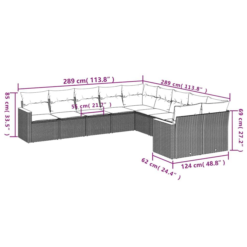 vidaXL 10-teiliges Gartensofa-Set mit Kissen, schwarzes Polyrattan