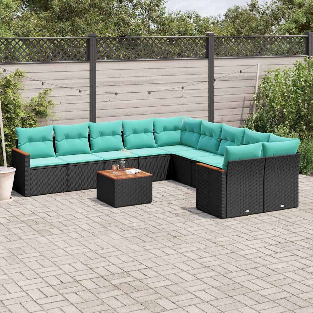 vidaXL 11-teiliges Gartensofa-Set mit Kissen, schwarzes Polyrattan