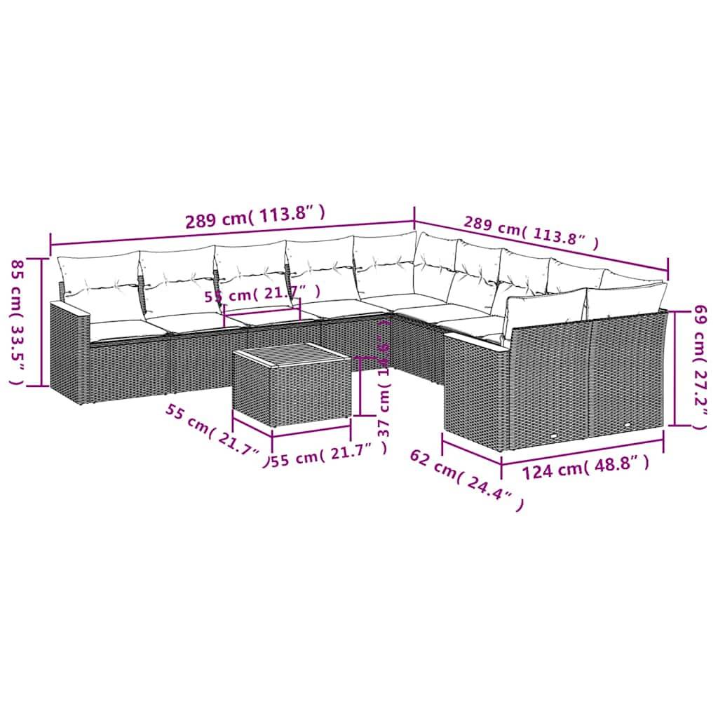 vidaXL 11-teiliges Gartensofa-Set mit Kissen, schwarzes Polyrattan