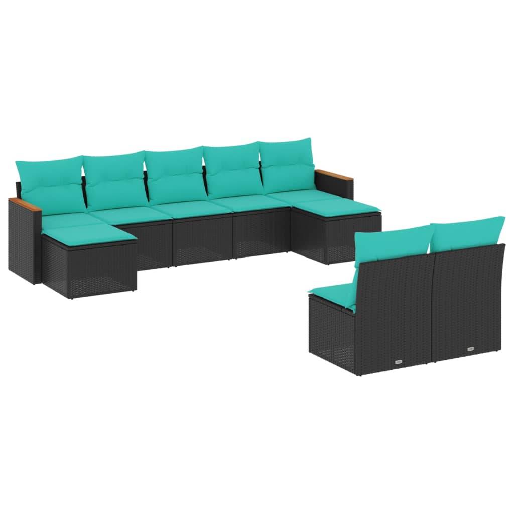 vidaXL 9-teiliges Gartensofa-Set mit Kissen, schwarzes Polyrattan
