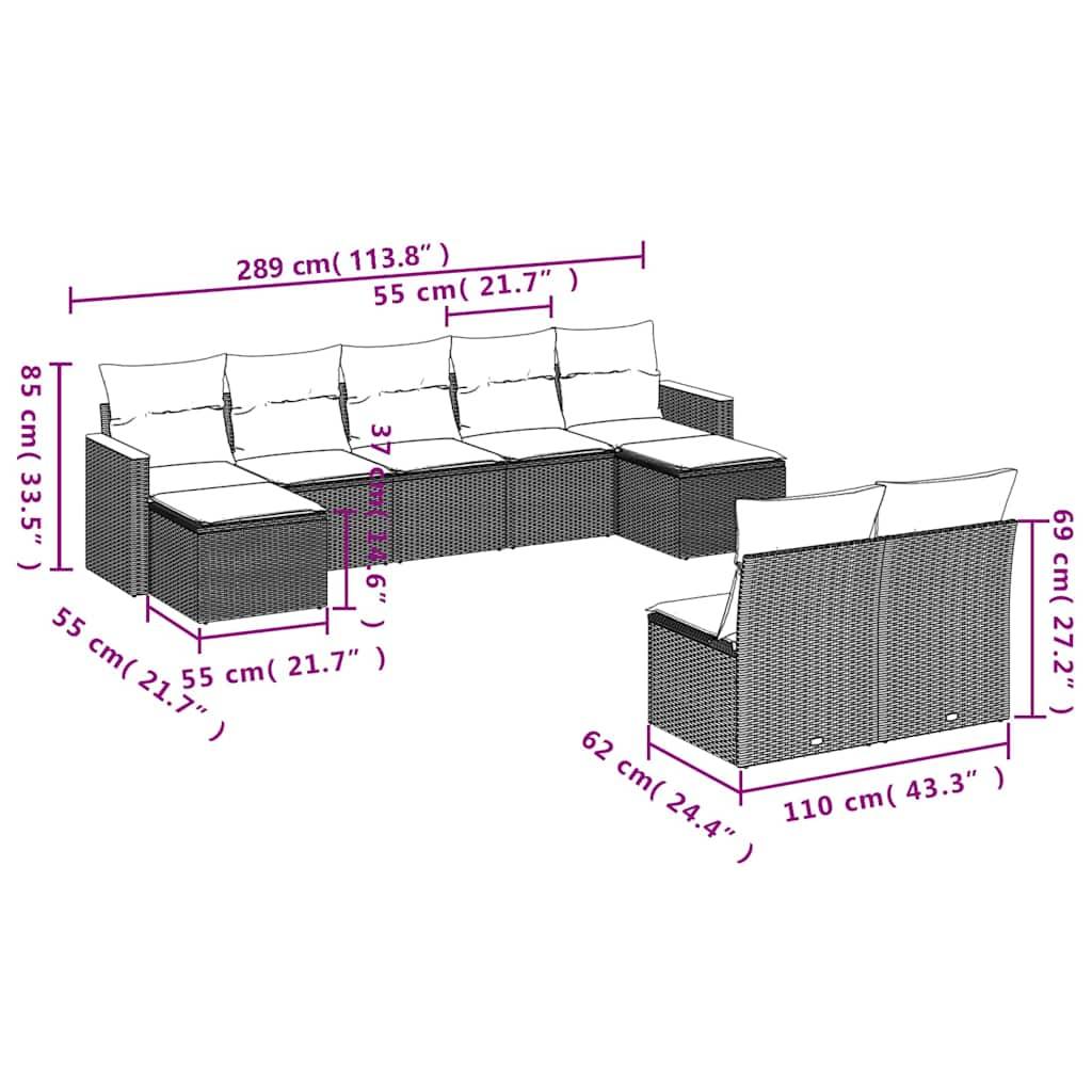 vidaXL 9-teiliges Gartensofa-Set mit Kissen, schwarzes Polyrattan